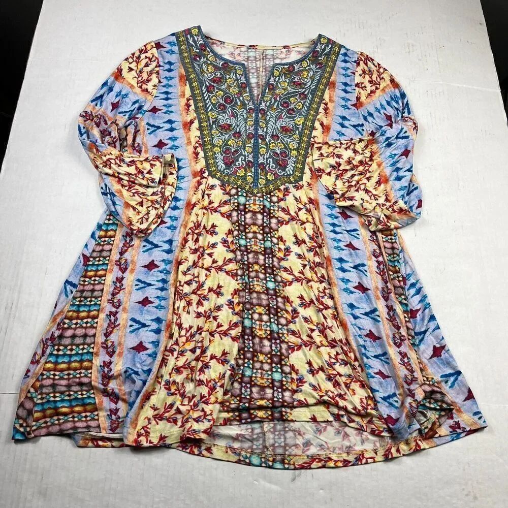 Soft Surroundings Embroidered Tunic Shirt Floral Colorful 3/4 Sleeve Top MEDIUM